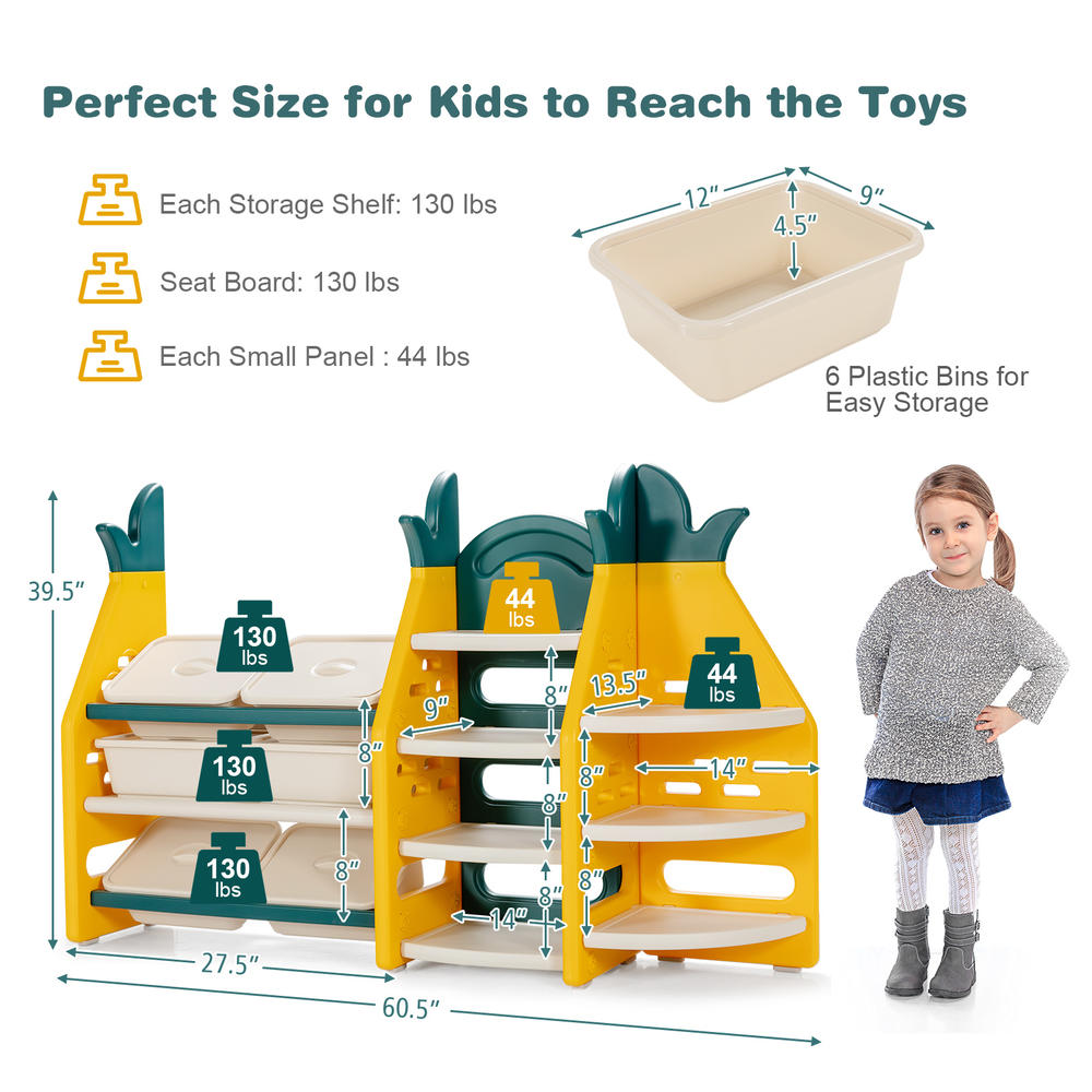 Topbuy 3-in-1 Kids Toy Storage Rack Pineapple Toy Organizer Storage Cabinet w/Plastic Bins & Shelves
