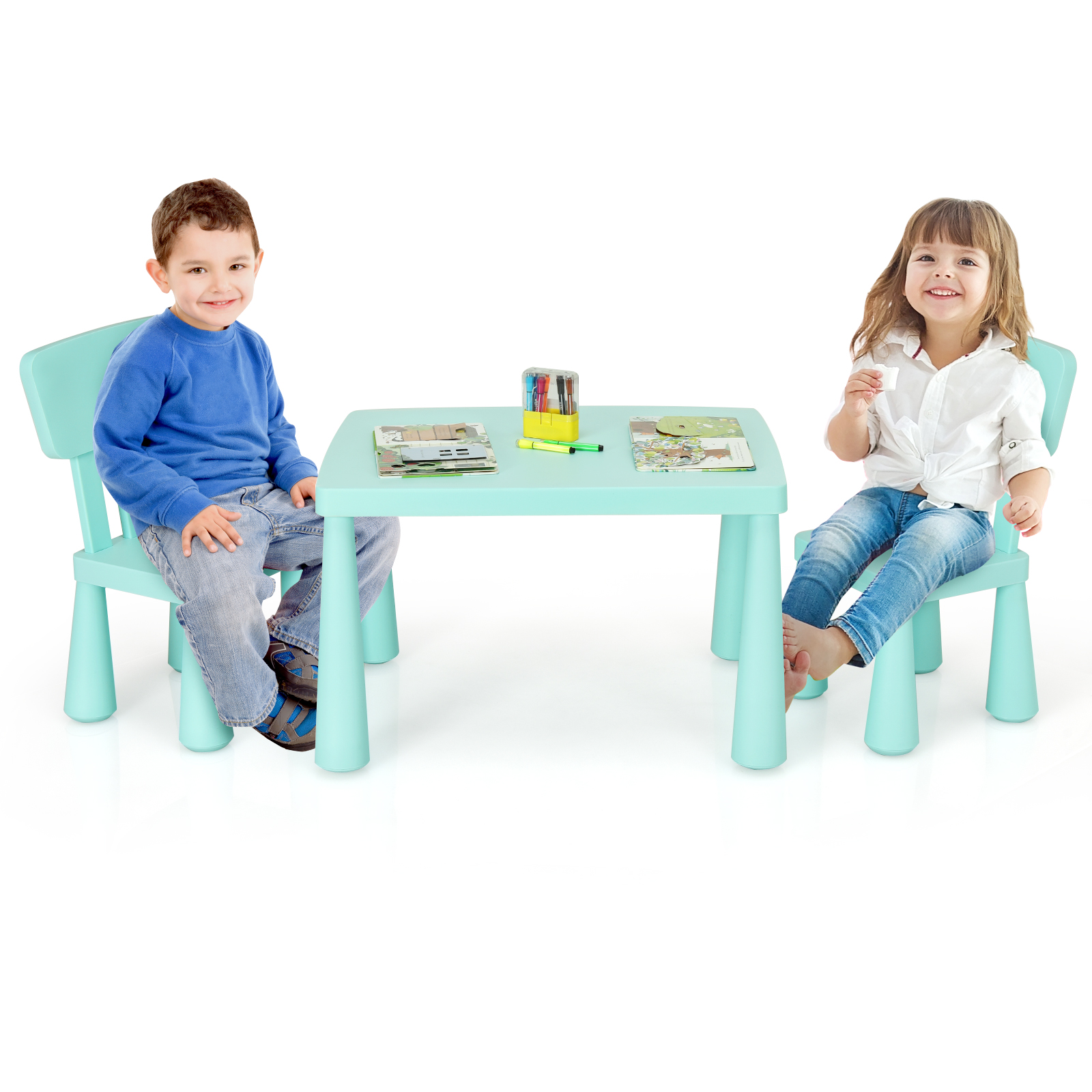 Topbuy Kids Furniture Set with Table & 2 Chairs Children Playing Table Ideal Gift for Kids Green