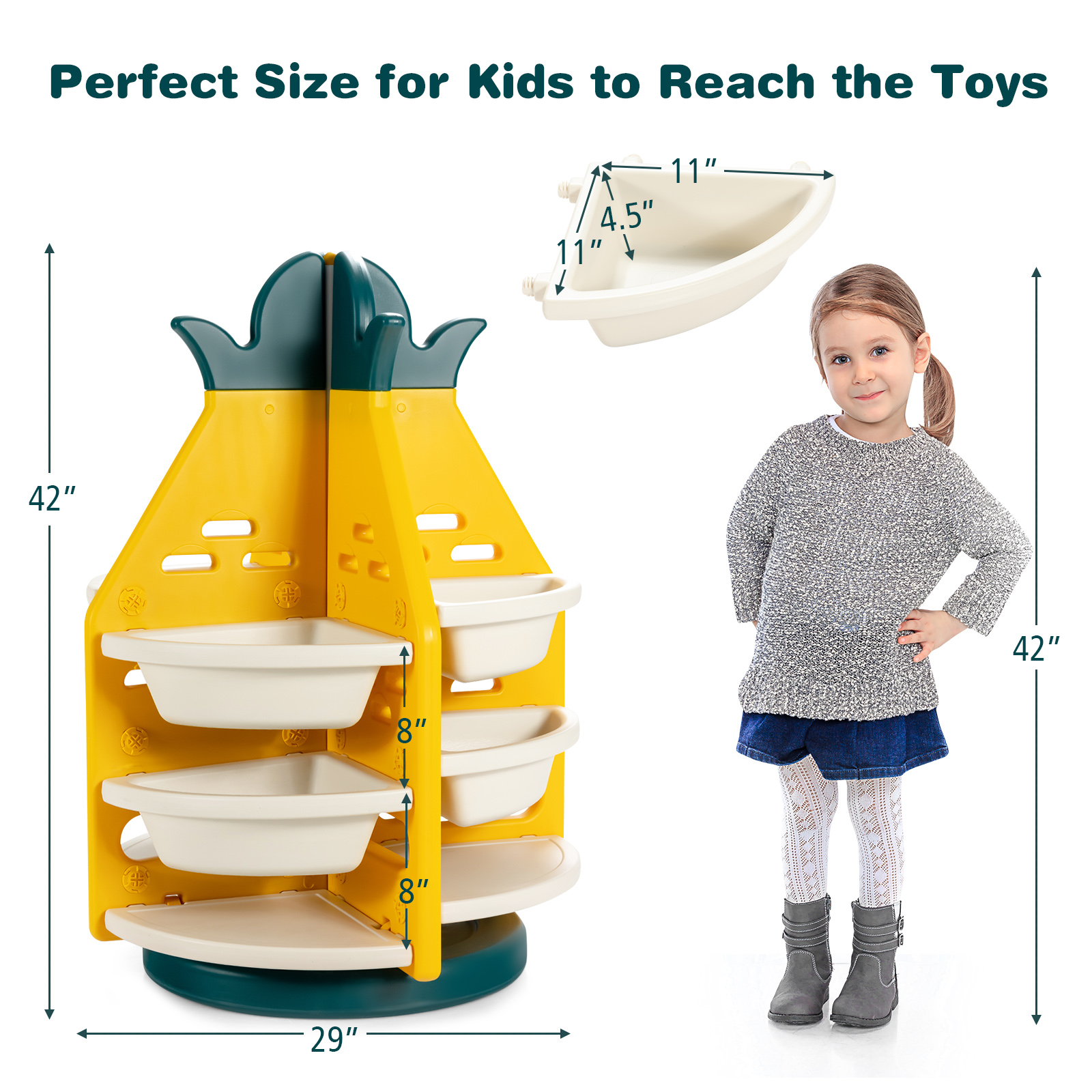 Topbuy Kids Rotating Toy Storage Shelf 3-Tier Pineapple Toy Organizer w/Bins & Shelves