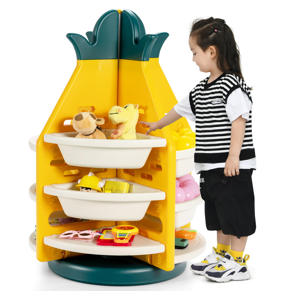 Topbuy Kids Rotating Toy Storage Shelf 3-Tier Pineapple Toy Organizer w/Bins & Shelves