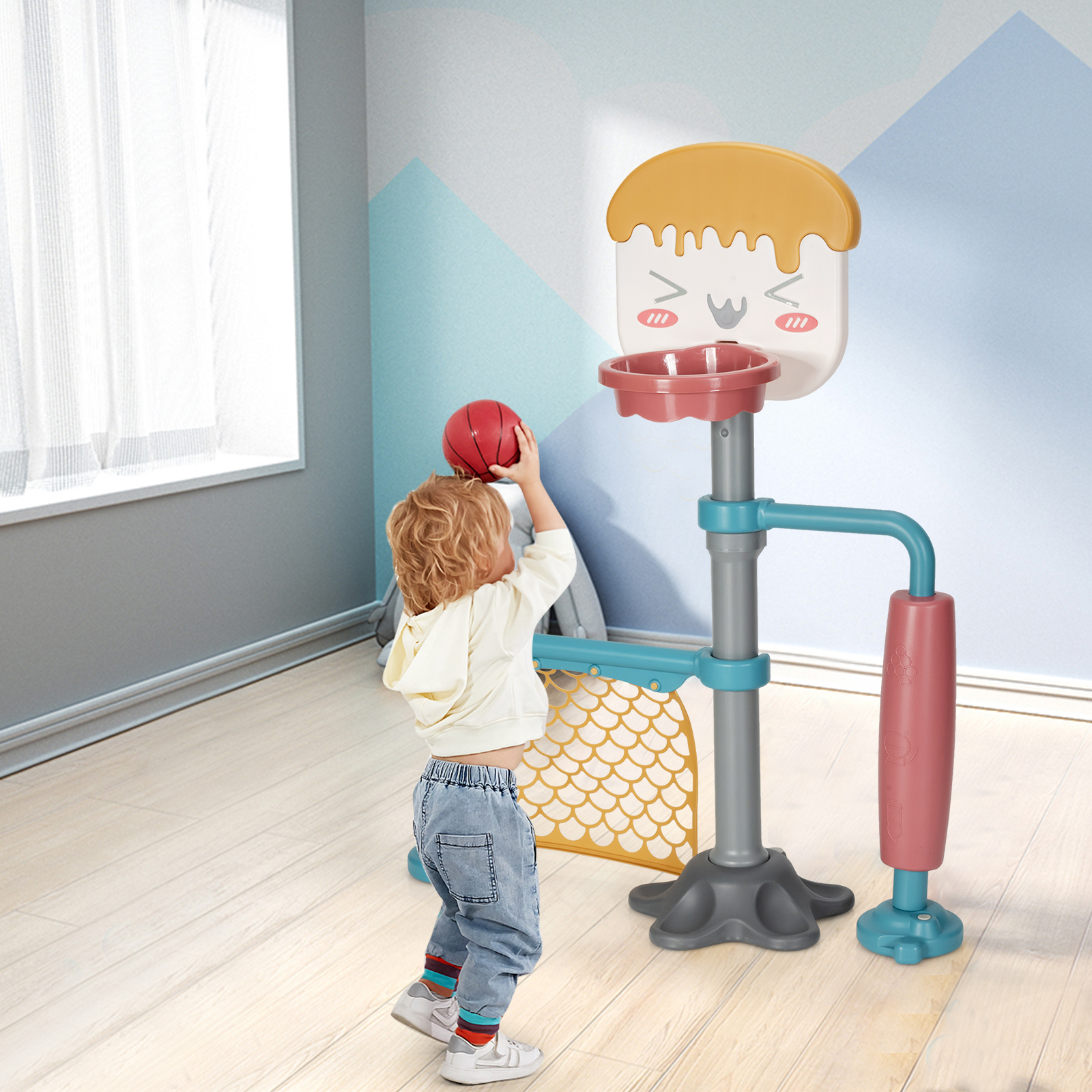 Topbuy Adjustable Ice Cream Kids Basketball Stand Set Soccer Goal Stand Kids Game Set Indoor&Outdoor