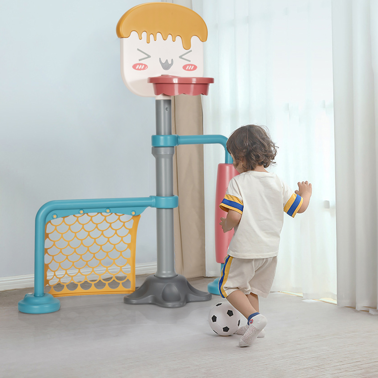 Topbuy Adjustable Ice Cream Kids Basketball Stand Set Soccer Goal Stand Kids Game Set Indoor&Outdoor