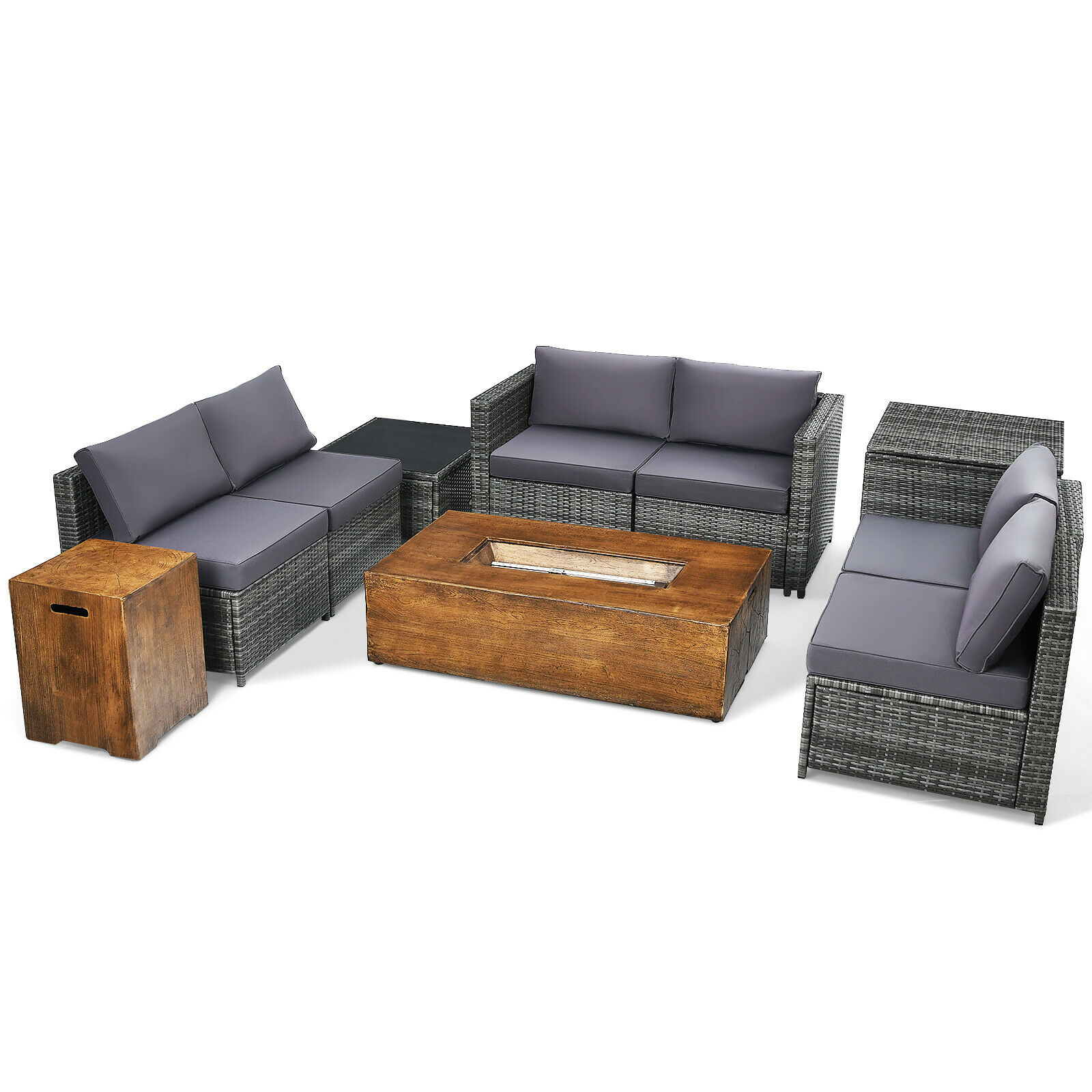 Topbuy Patiojoy 10 PCS Outdoor Rattan Furniture Set Sectional Sofa Set w/50,000 BTU Fir Pit Table Tank Holder & Cover