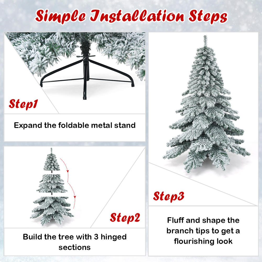 Topbuy Snow Flocked Artificial Christmas Tree Hinged Alaskan Pine Decoration Tree