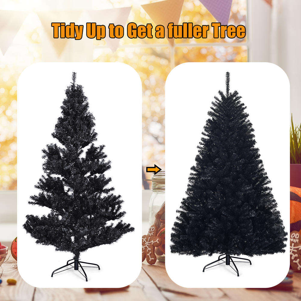 Topbuy Artificial Christmas Tree Halloween Hinged Spruce Full Tree with Metal Stand Black