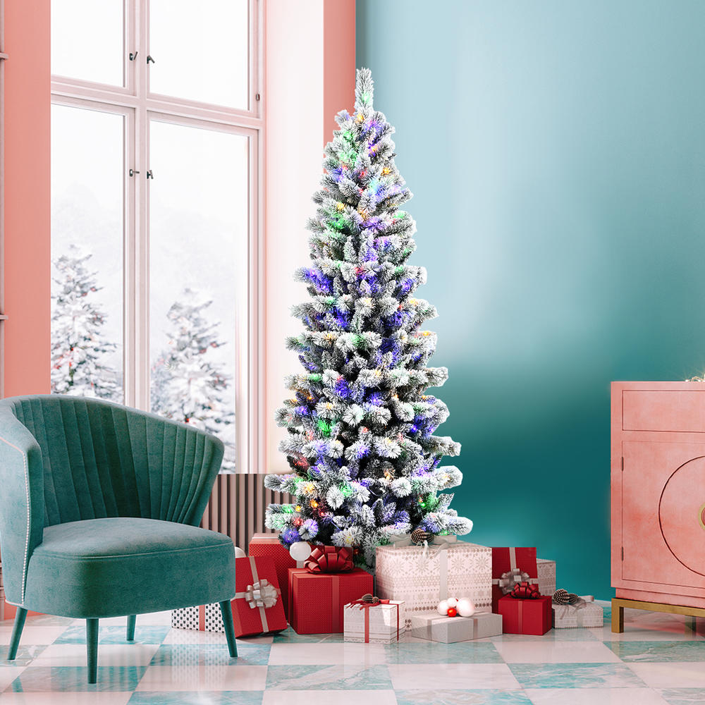 Topbuy Patiojoy Pre-lit Snow Flocked Christmas Pine Tree, Hinged Artificial Xmas Tree W/ Remote-controlled Multi-Color Lights