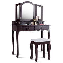 Top 2 In 1 Vanity Table Set W Tri Fold Mirror Drawers Padded Stool Black Brown White Top 2 In 1 Vanity Table Set W Tri, Makeup Vanity Set Dark Brown