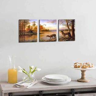 Lpwart Dusk Rustic Deer Cabin Wall Art Decor Wildlife Landscape
