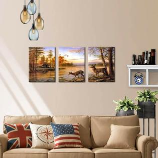 Lpwart Dusk Rustic Deer Cabin Wall Art Decor Wildlife Landscape