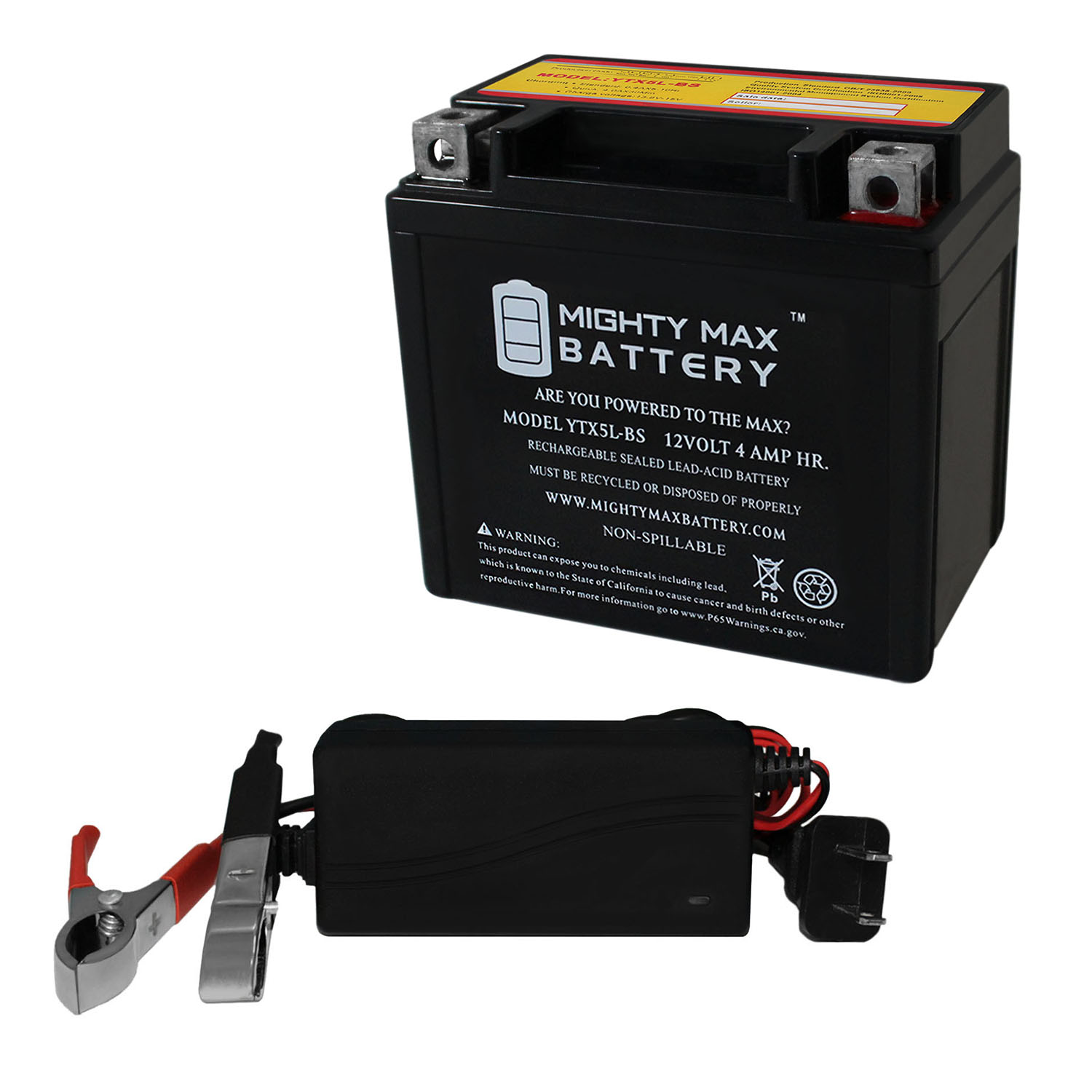 Mighty Max Battery YTX5L-BS 12V 4AH Replaces Vino / Motorcycle / Atv + 12V 1 Amp Charger