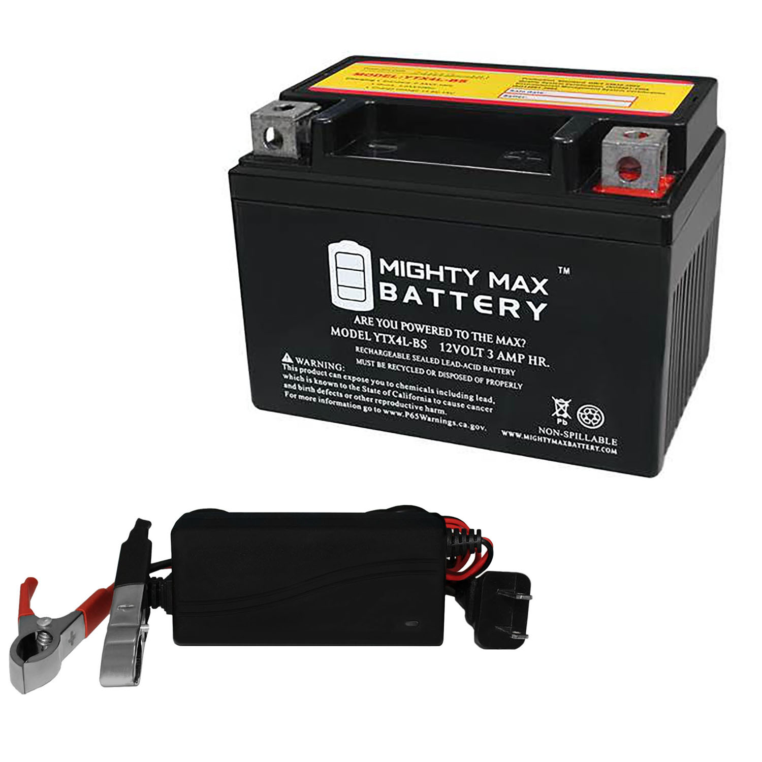 Mighty Max Battery YTX4L-BS 12V 3AH Replaces 1992-01 CY50 Deep Cycle + 12V 1Amp Charger