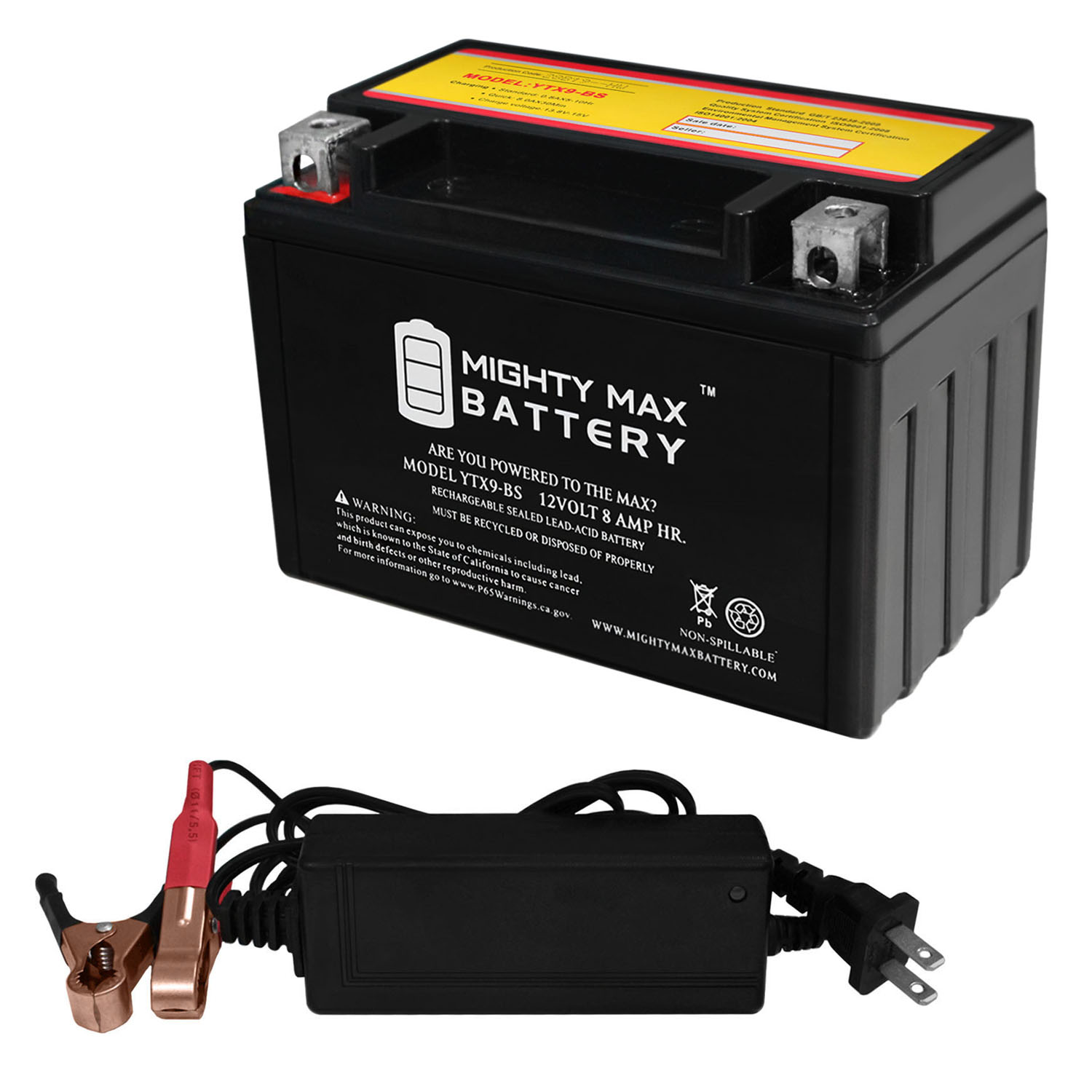 Mighty Max Battery YTX9-BS Battery for Honda 250 TRX250X, EX, 2001-13 + 12V 2Amp Charger