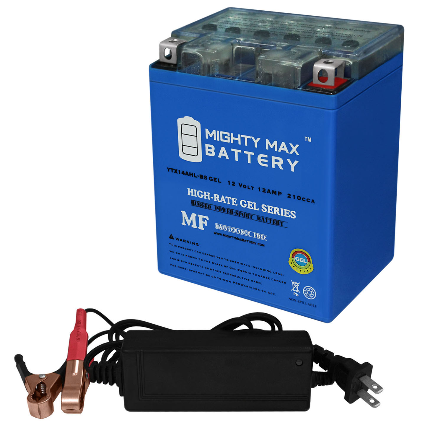 Mighty Max Battery YTX14AHL GEL Battery for Kawasaki 650 KL650B Tengai + 12V 2Amp Charger