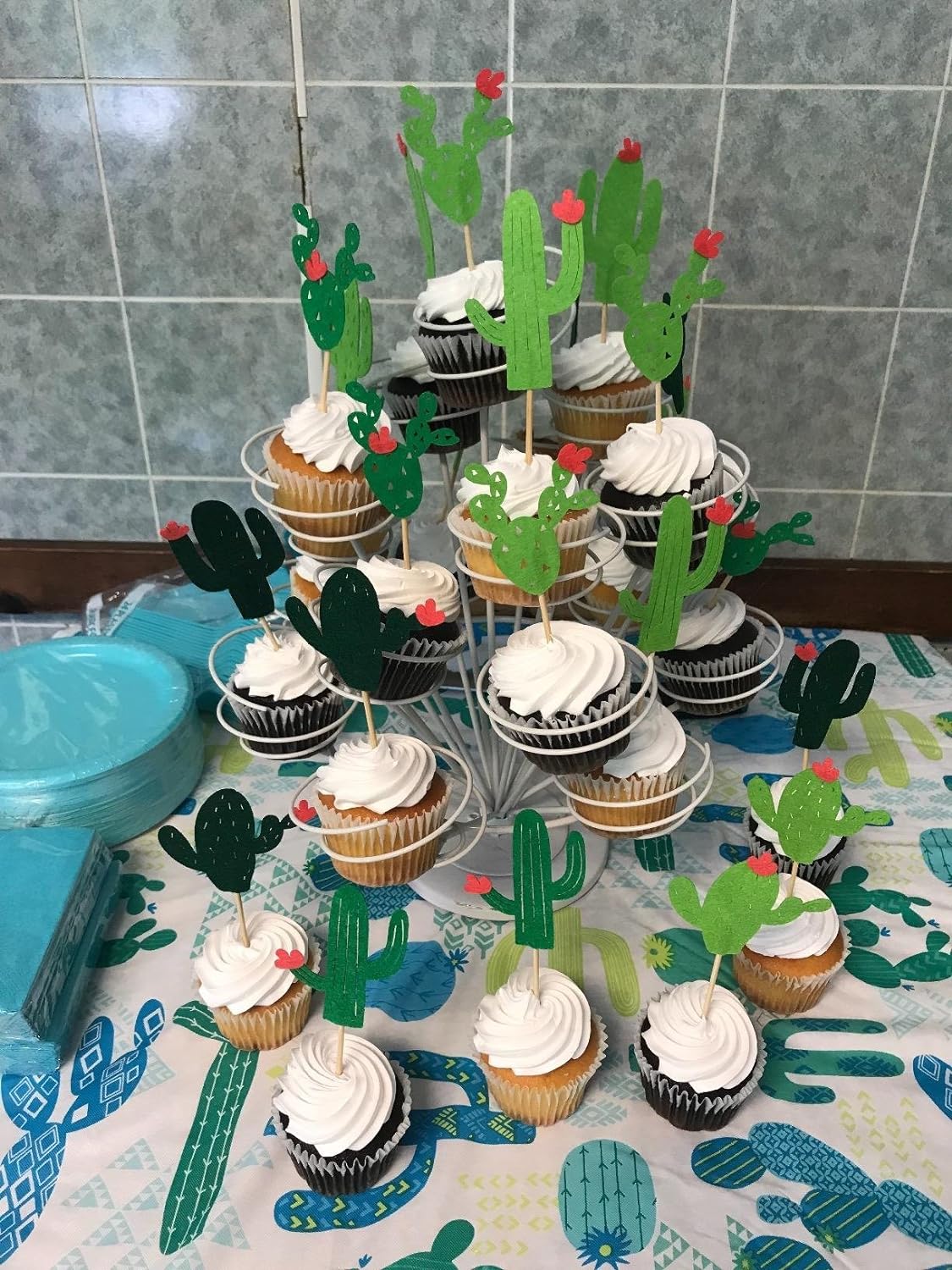 Honbay 24PCS Cactus Cake Cupcake Toppers Food Fruit Picks Hawaiian Cacti  Themed Party Supplies
