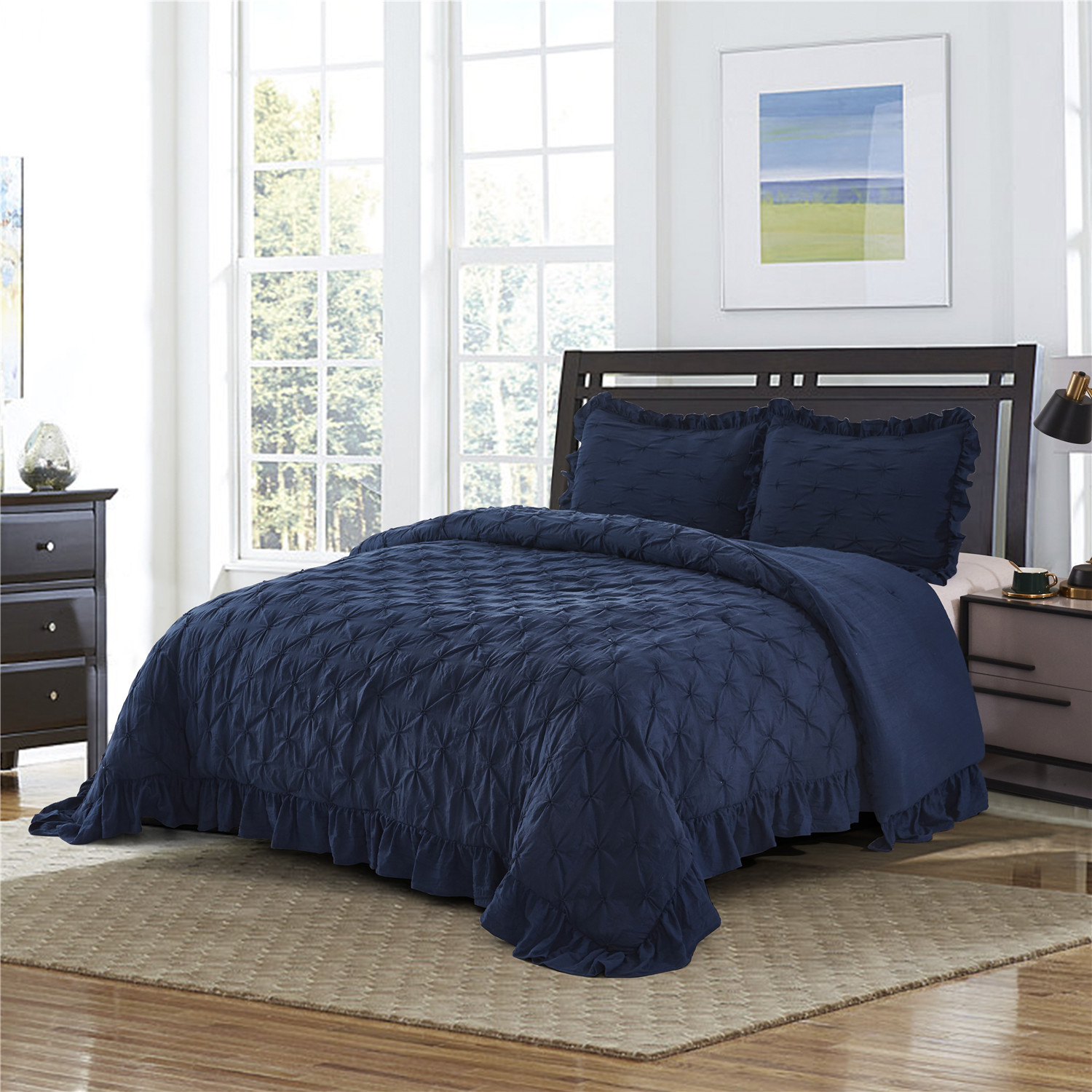 Hig 3 Piece Shabby Chic Comforter Set, Navy Blue Queen Bedspreads