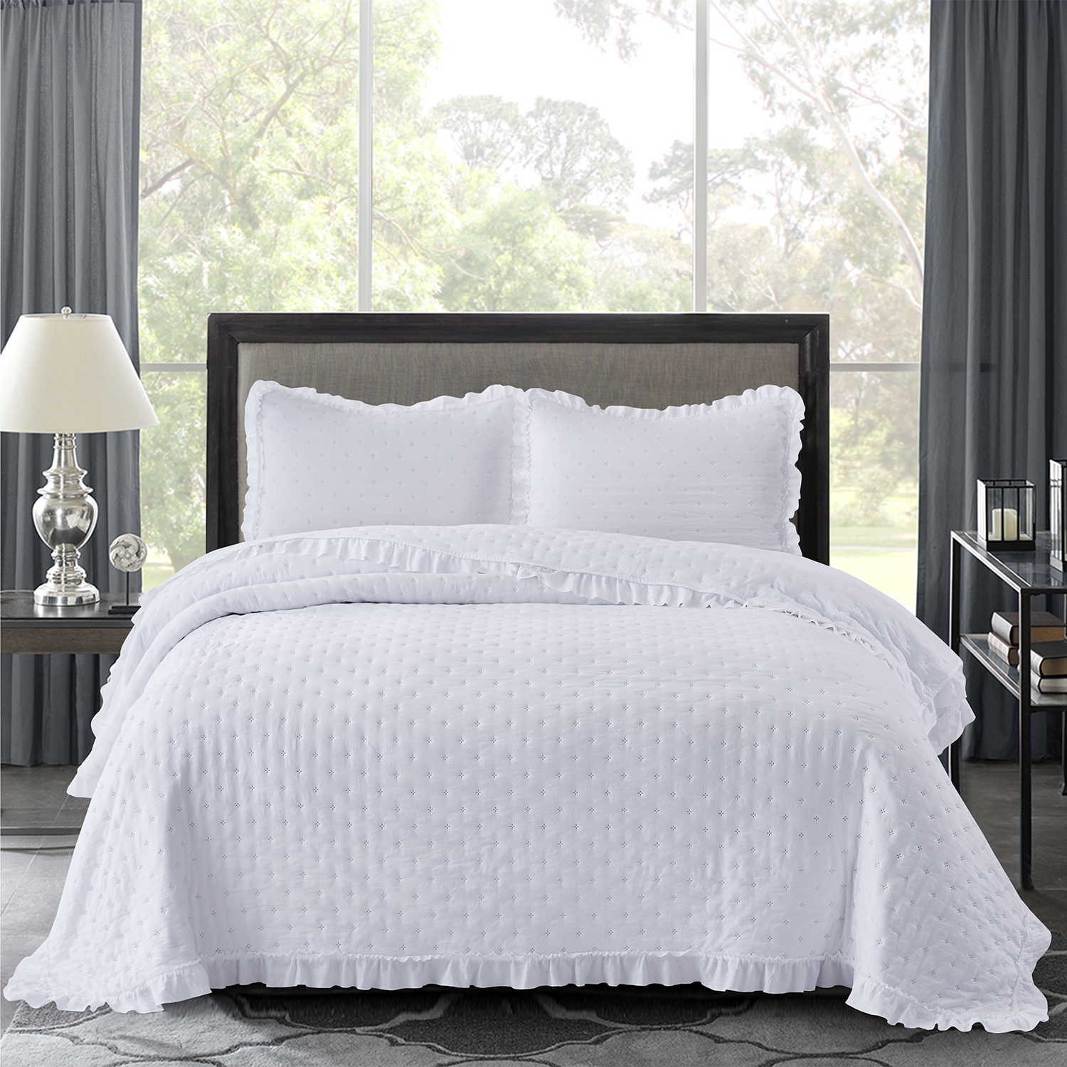 Hig 3 Pcs Embossed Quilt Set With Ruffle Flange Ruched Shabby Chic Farmhouse Style Bedding Set With Hand Craft Reyna