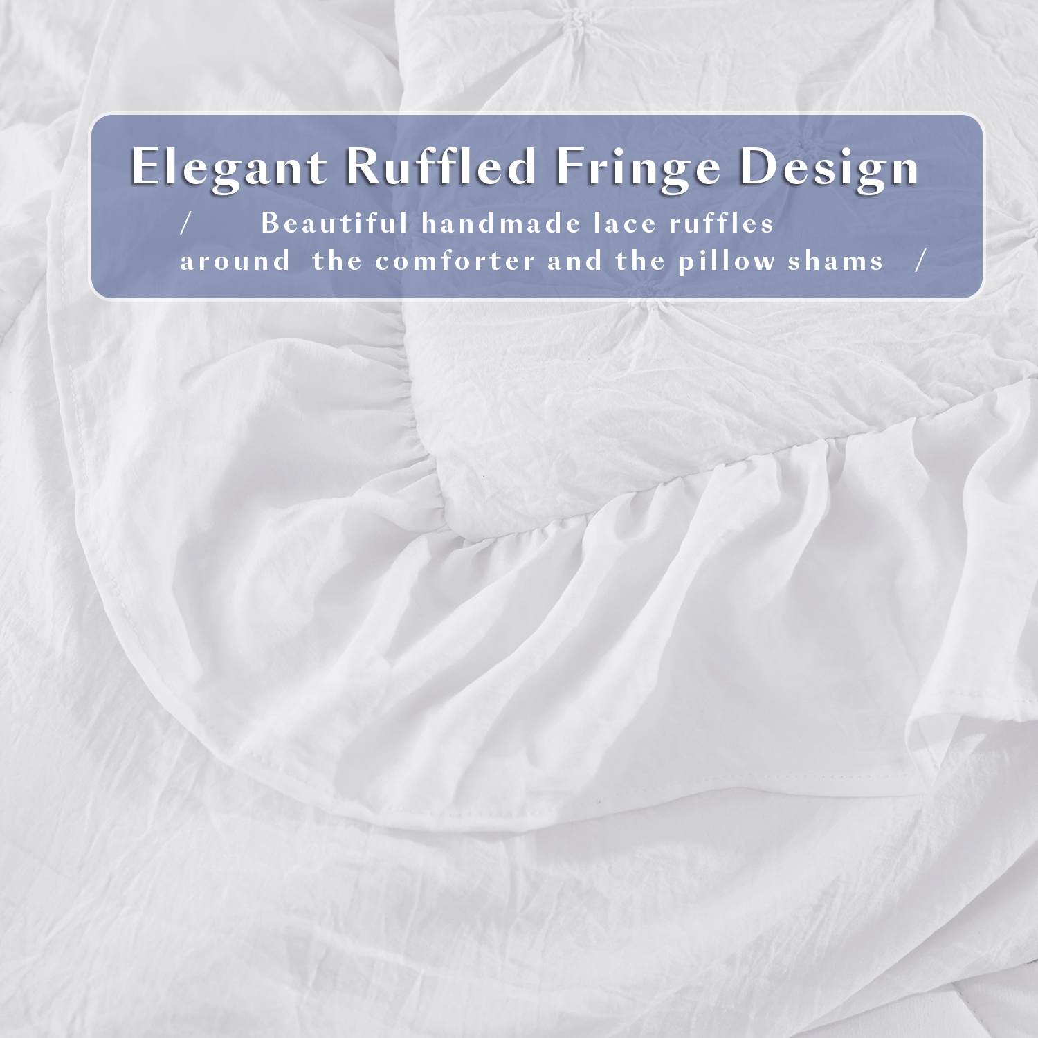 HIG 3 Piece Comforter Set White Lace Ruffled Pleat Design