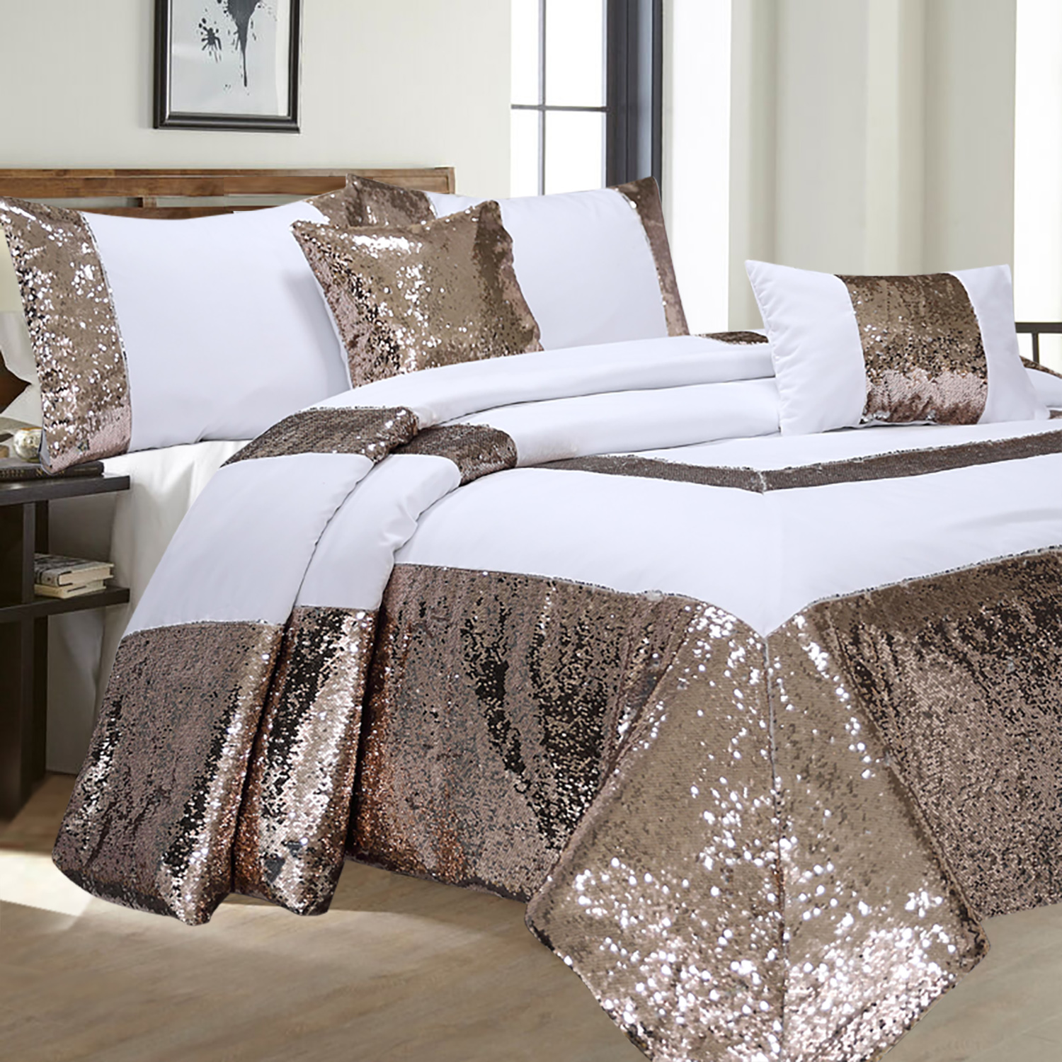 HIG 5 Piece Reversible Sequins Patchwork Pattern Comforter Bedding Set