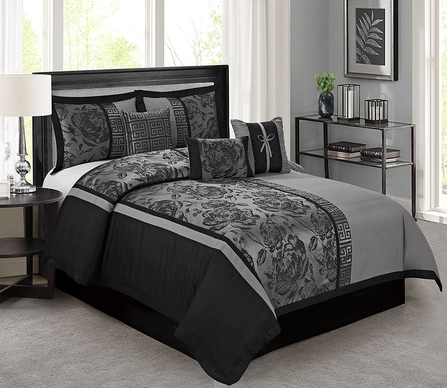 HIG 7 Piece Gray Jacquard Patchwork Comforter Set - Floral Pattern