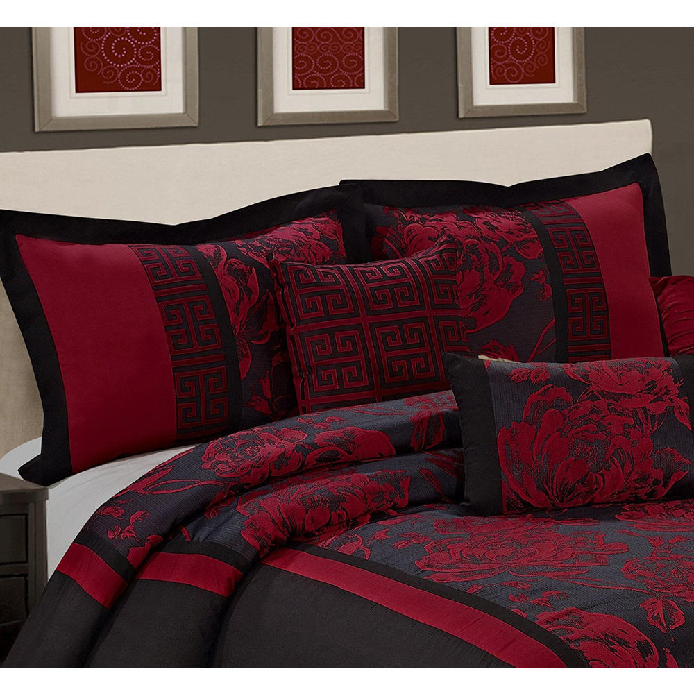 HIG 7 Piece Burgundy Jacquard Patchwork Comforter Set - Floral Pattern