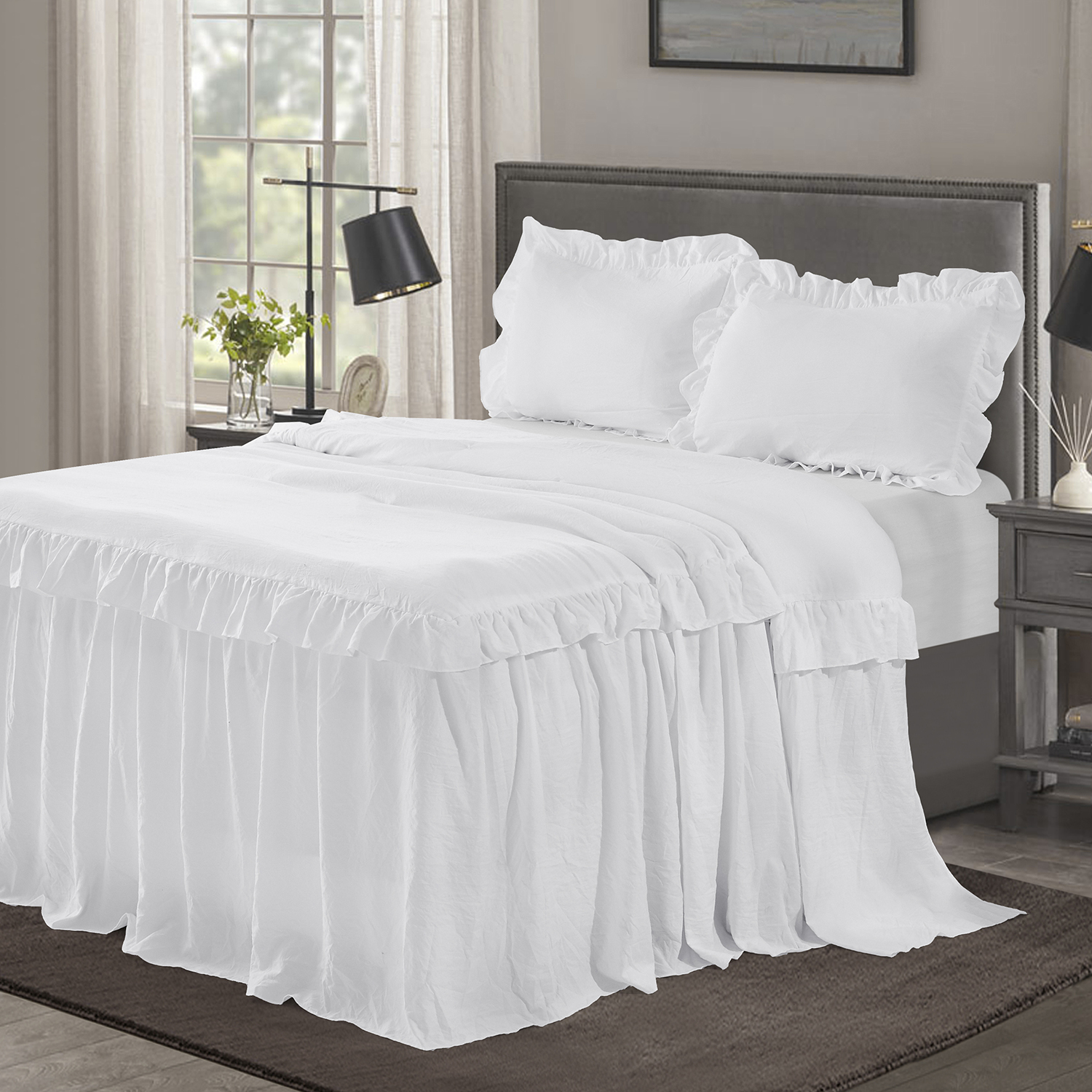 HIG 3 Piece ALINA Ruffle Skirt Bedspread Set 30 inches Drop Queen King Size