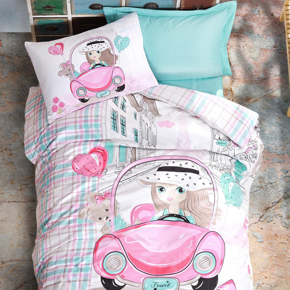 Sussexhome Pink Car Duvet Cover Set, Twin Size Duvet Cover, 1 Duvet Cover, 1 Fitted Sheet and 2 Pillowcases