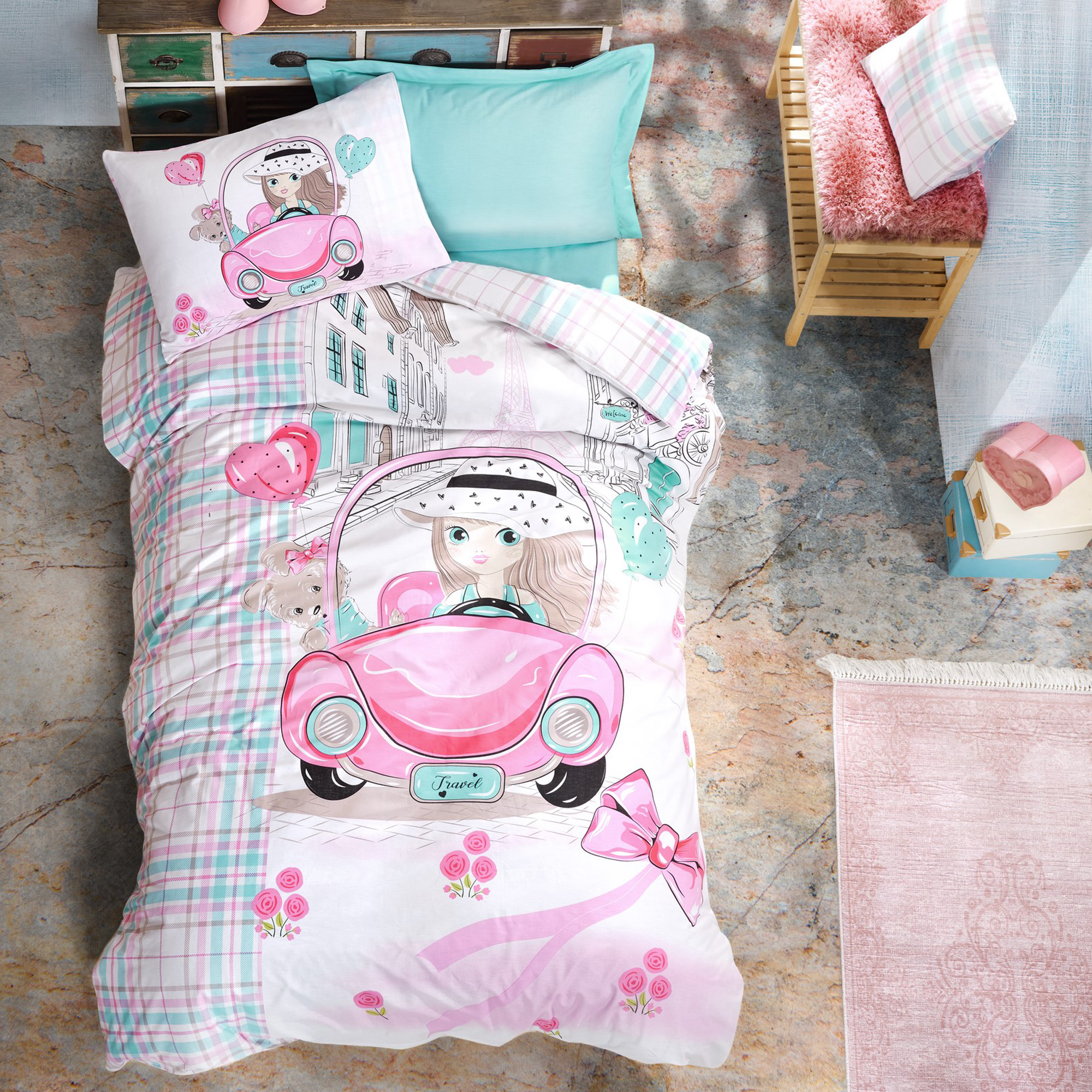 Sussexhome Pink Car Duvet Cover Set, Twin Size Duvet Cover, 1 Duvet Cover, 1 Fitted Sheet and 2 Pillowcases