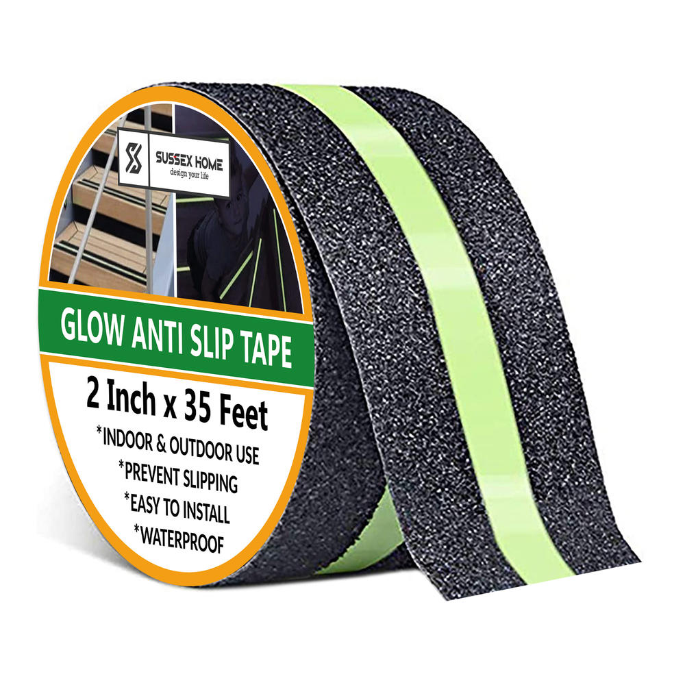 Sussexhome Non-Slip Glow In The Dark Tape - Heavy Duty Grip Tape For Stairs - Waterproof Safety Anti Slip Tape - 2"X35' Roll, Glow
