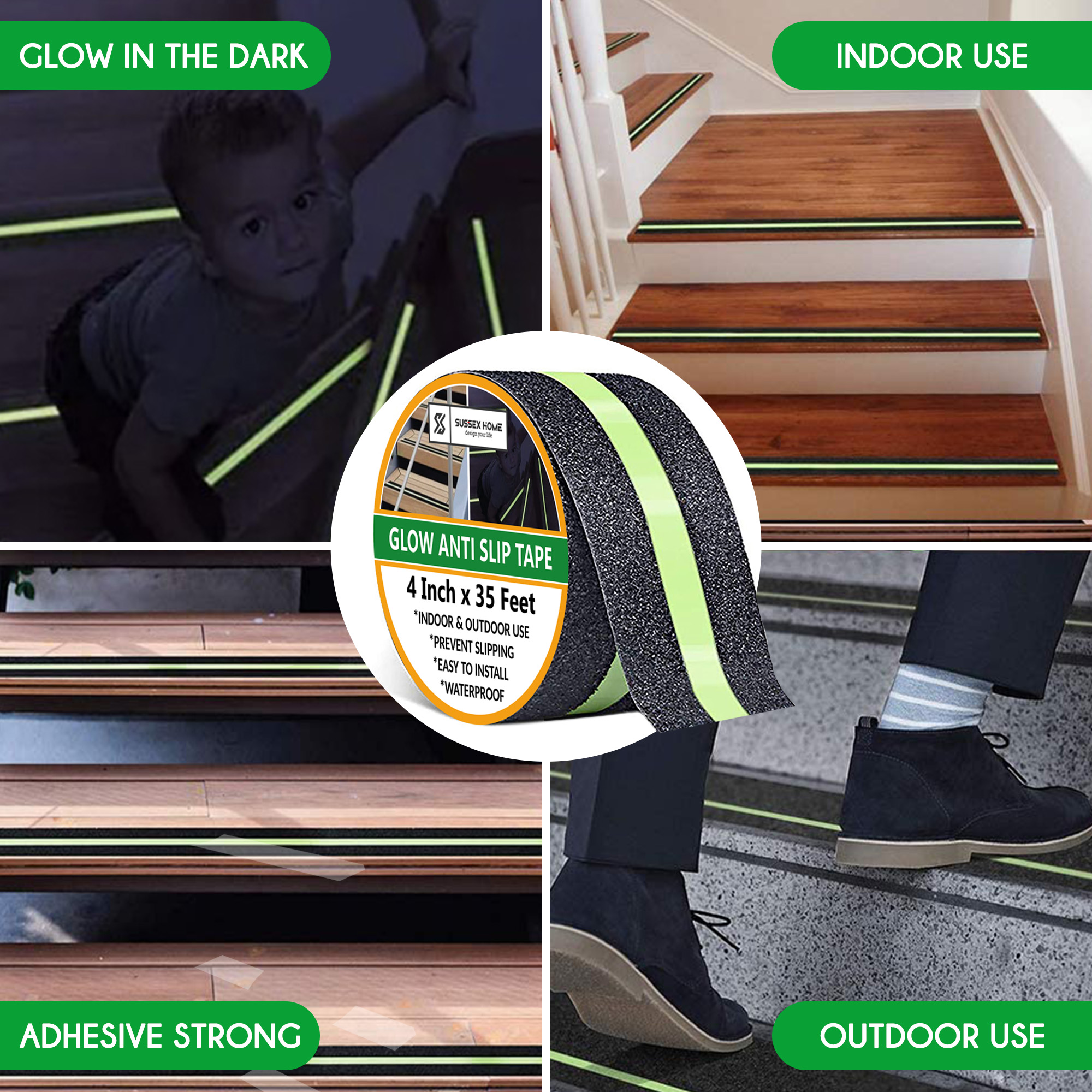 Sussexhome Non-Slip Glow In The Dark Tape - Heavy Duty Grip Tape For Stairs - Waterproof Safety Anti Slip Tape - 4"X35' Roll, Glow