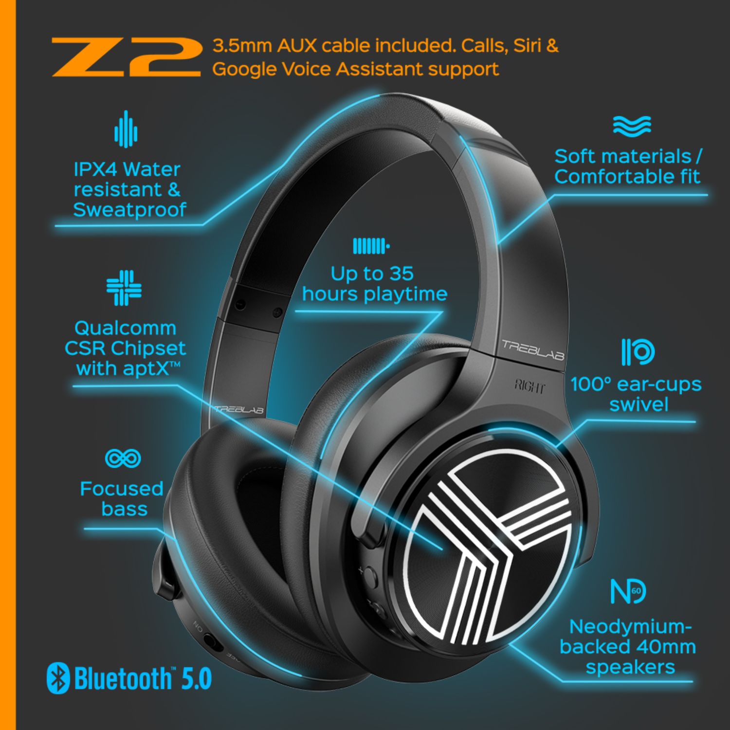 TREBLAB Z2 | Over Ear Workout Headphones with Microphone | Bluetooth 5.0, Active Noise Cancelling (ANC) | Up to 35H Battery...