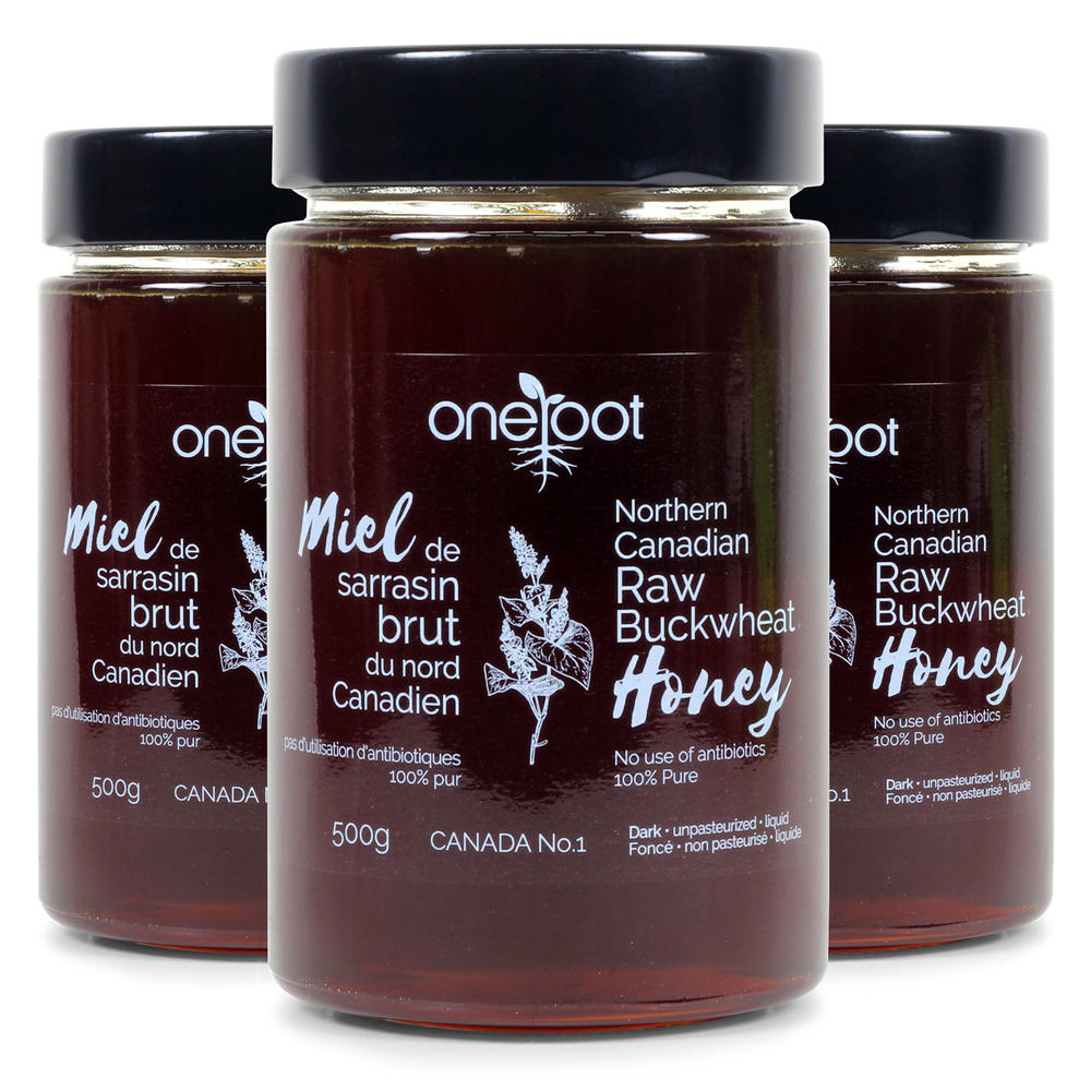 OneRoot 3-Pack Natural Raw Buckwheat Honey - 500g - Unpasteurized Canadian Honey - High in Antioxidants