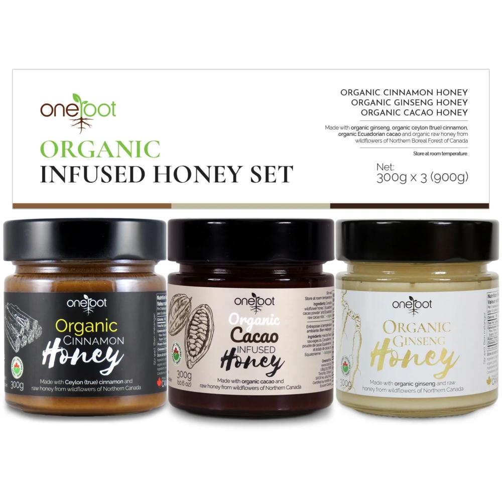 OneRoot Infused Honey Triple Set - Cinnamon, Cacao, Ginseng - Unpasteurized Organic Canadian Honey - Rich in Antioxidants