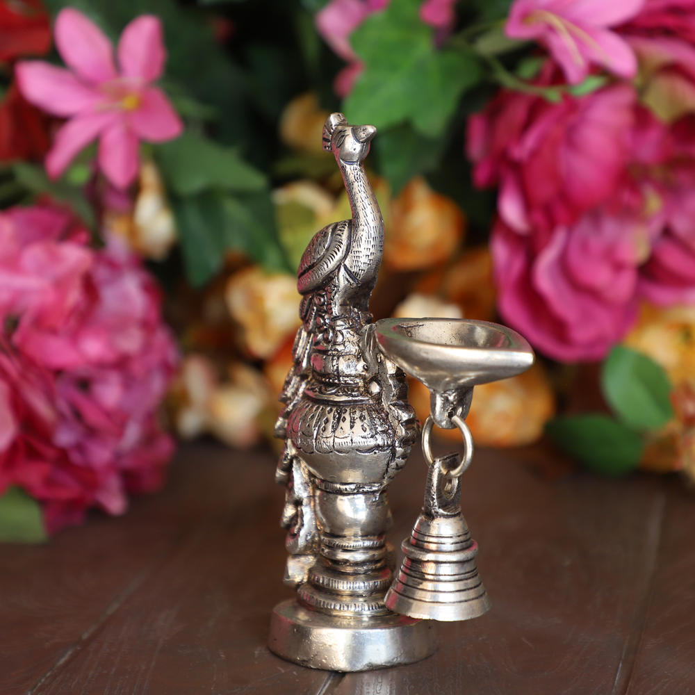 Cottage Handicraft ,Silver Plated Peacock Diya with Free Elephant Gift