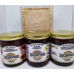 Bee Shepherd Mushroom Honey Bundle ; Lion's Mane, Reishi, Wildflower + Honeycomb (3 x 12oz Jars + comb)