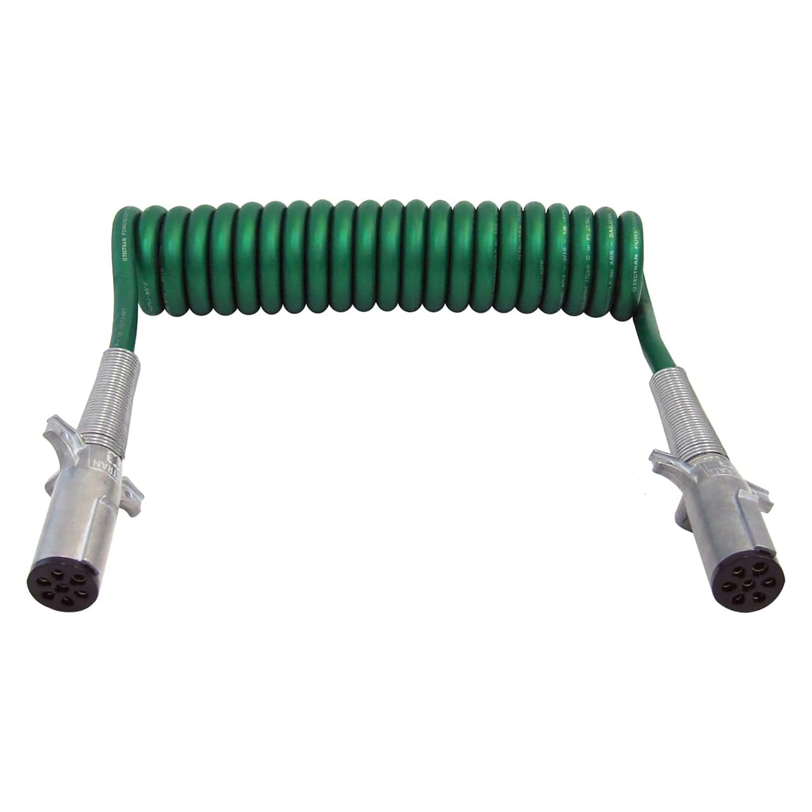 Tectran 7-Way ABS Duty Powercoil | 12" Trailer Lead | Die-cast Plugs w/ Spring Guards | 15' Length x 12" Tractor Lead