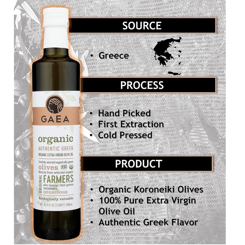 Gaea Greek Organic Extra Virgin Olive Oil | First Cold Pressed | Non-GMO | Mild Flavor Perfect for Cooking |16.9oz (Pack of 1)