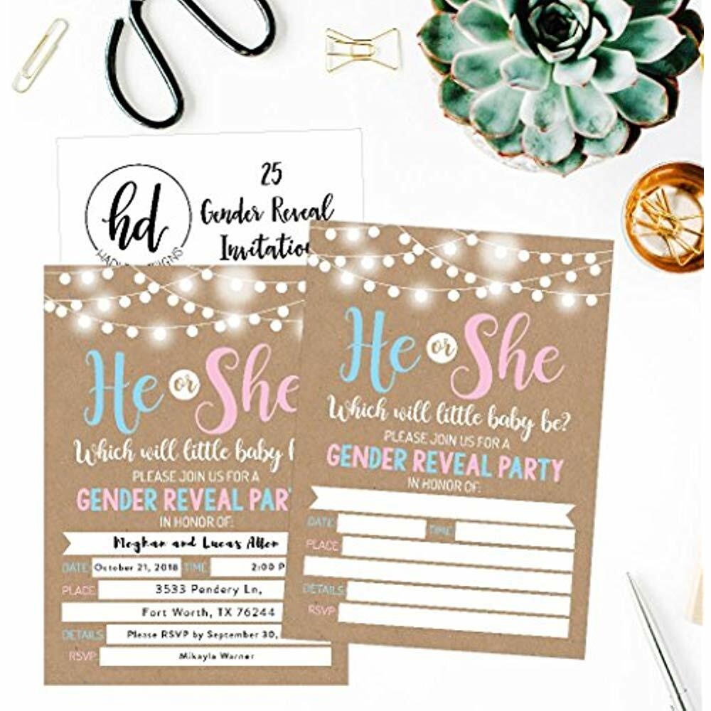 Hadley Designs 25 Rustic Gender Reveal Baby Shower Party Invitation Cards Kraft Pink Or Blue