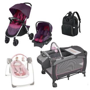 Evenflo Baby Girl Combo Set Stroller Car Seat Travel System Playard Swing  Diaper Bag