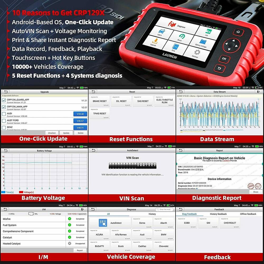 LAUNCH CRP129X OBD2 Scanner Car Diagnostic Code Reader ABS/SRS/Engine/Transmission for Oil/EPB/SAS/TPMS Reset