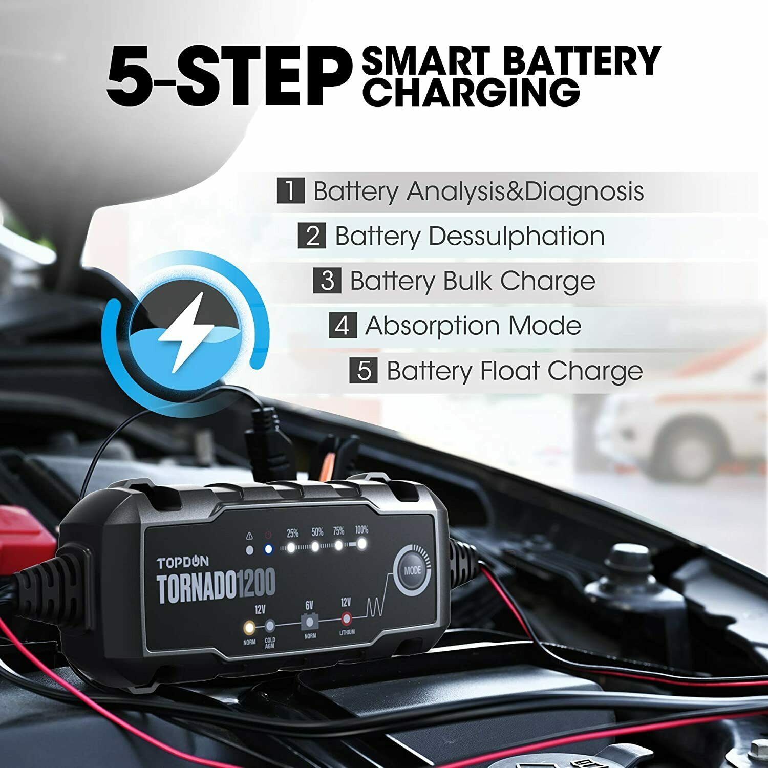 Topdon Car Battery Charger Trickle Charger TOPDON TORNADO1200 6V 12V 1.2 Amp Portable Smart Battery Charger & Maintainer Desulfator