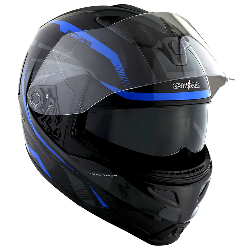 1Storm Motorcycle Street Bike Modular/Flip up Dual Visor/Sun Shield Full Face Helmet Storm Tron Blue