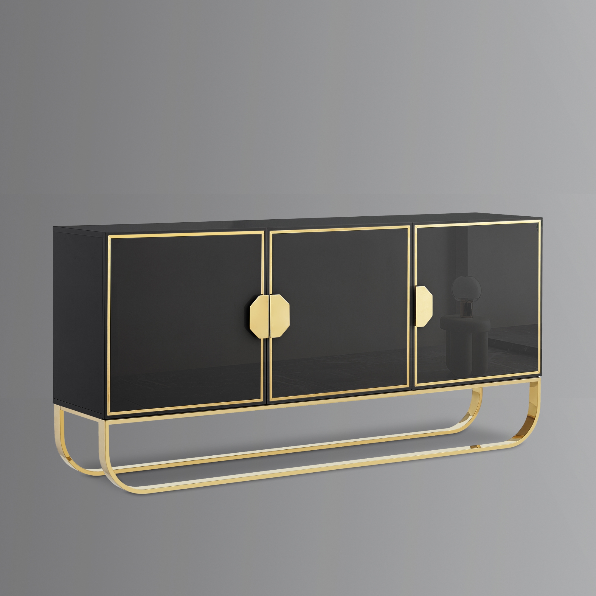 Nicole Miller Lilyanne Sideboard 3-Door High Gloss Finish Gold/Chrome Handles and Rounded Frame