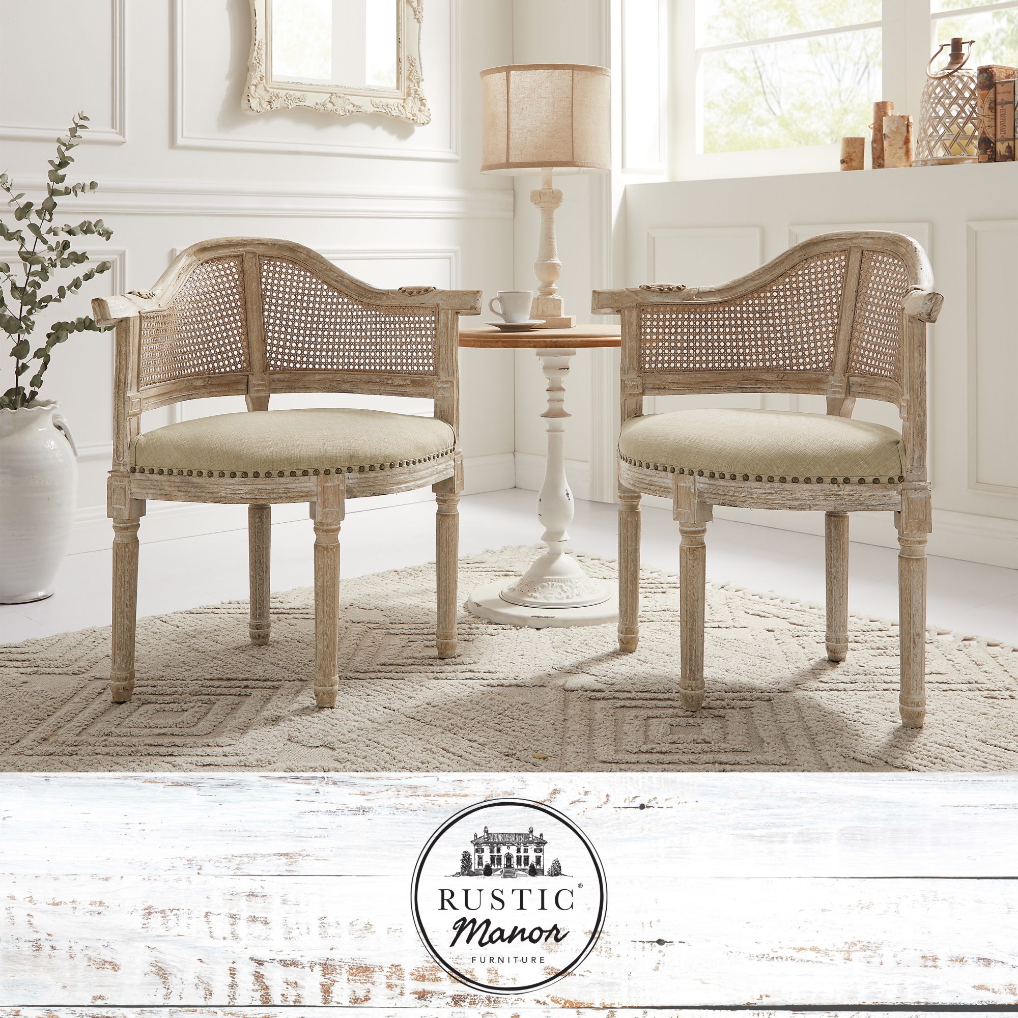 Rustic Manor Edmond Accent Chair Upholstered, Nailhead Trim Rattan Imitation, Curved Back Antique Brushed Wood Finish