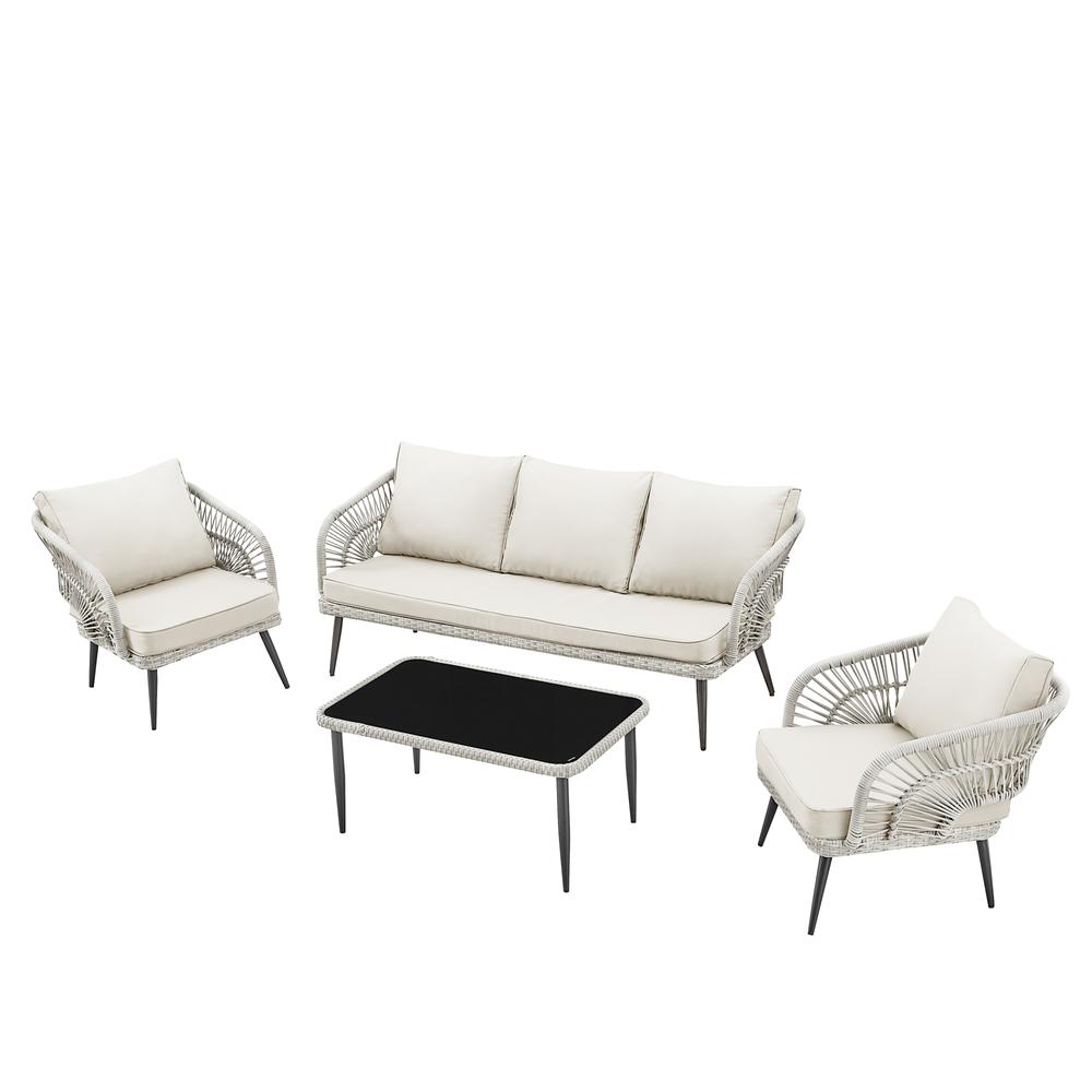 Inspired Home Sylis Outdoor 4pc Seating Group Set: 1 Sofa 2 Armchairs,1 Coffee Table,Rattan,Washable Cushions, UV Resistant,Sand