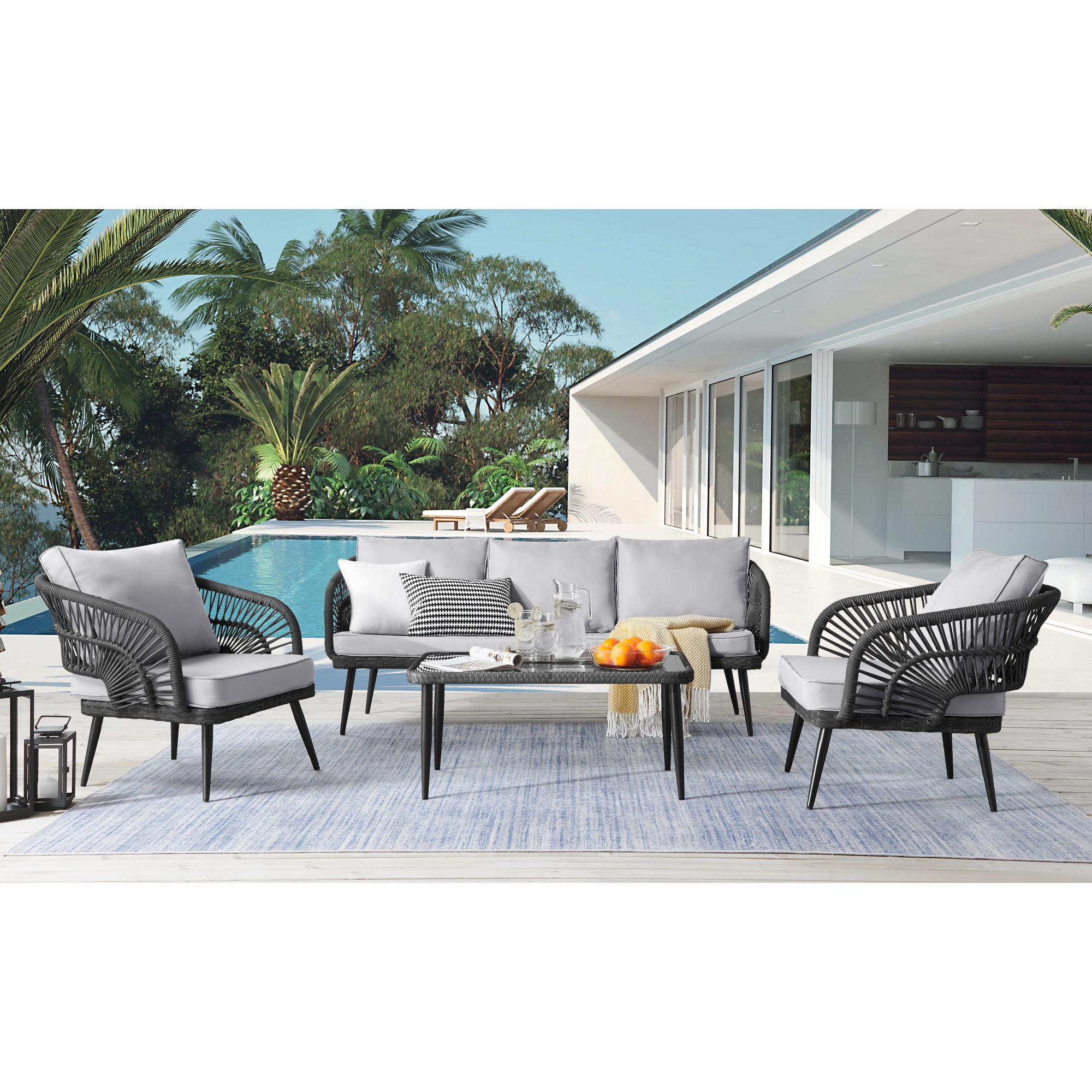 Inspired Home Sylis Outdoor 4pc Seating Group Set: 1 Sofa,2 Armchairs,1 Coffee Table,Rattan,Washable Cushions,UV Resistant,Black