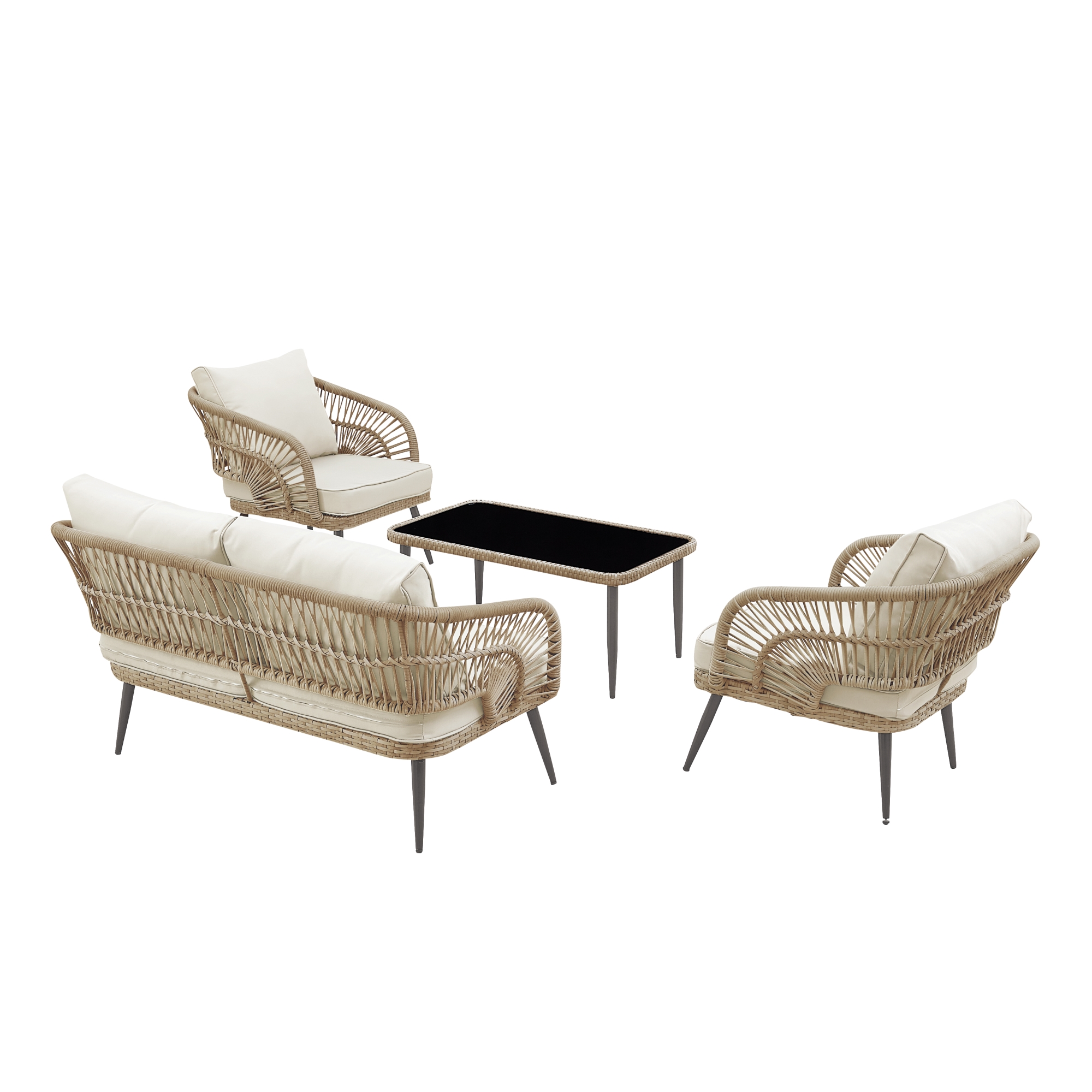 Inspired Home Sylis Outdoor 4pc Seating Group Set: 1 Sofa, 2 Armchairs,1 Coffee Table,Rattan,Washable Cushions,UV Resistant,Teak