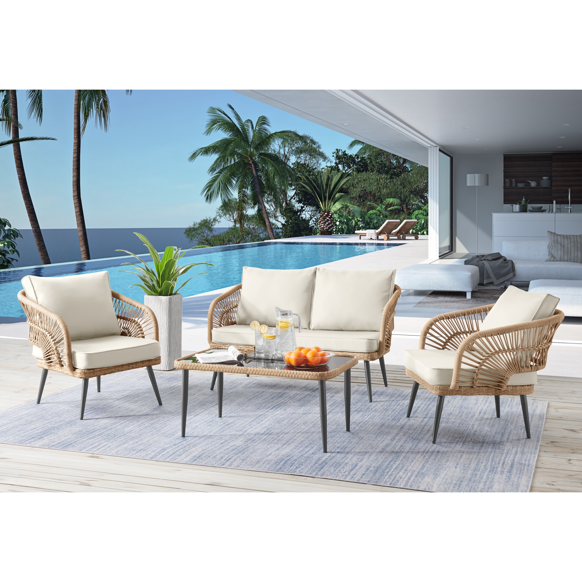 Inspired Home Sylis Outdoor 4pc Seating Group Set: 1 Sofa, 2 Armchairs,1 Coffee Table,Rattan,Washable Cushions,UV Resistant,Teak