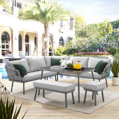 Inspired Home Taiden Outdoor 5pc Seating Group Set: 2 Sofas,1 Bench, 1 Stool, 1 Table,Washable Cushions ,UV Resistant,Light Grey