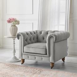 Rustic Manor Macey Chesterfield Club Chair Button Tufted Rolled Arm, Sinuous Springs Round Bun Leg with Caster