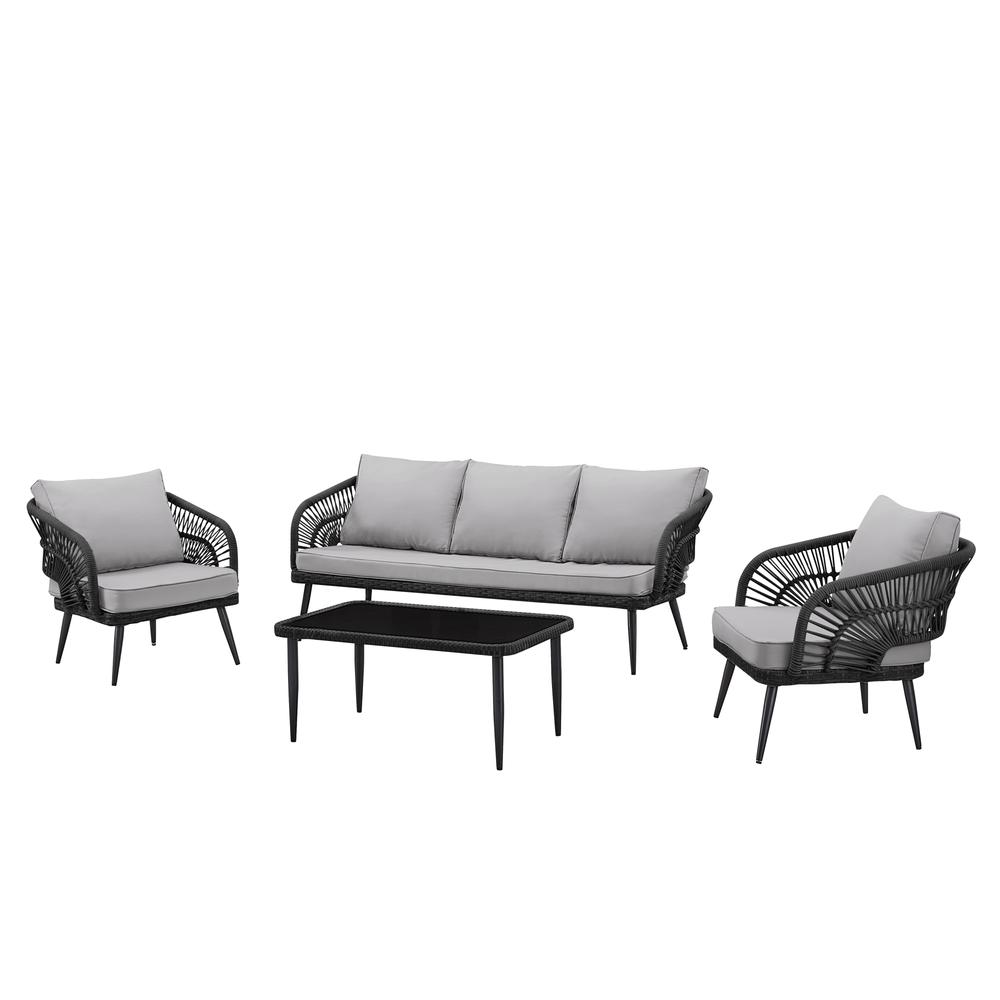 Inspired Home Sylis Outdoor 4pc Seating Group Set: 1 Sofa,2 Armchairs,1 Coffee Table,Rattan,Washable Cushions,UV Resistant,Black